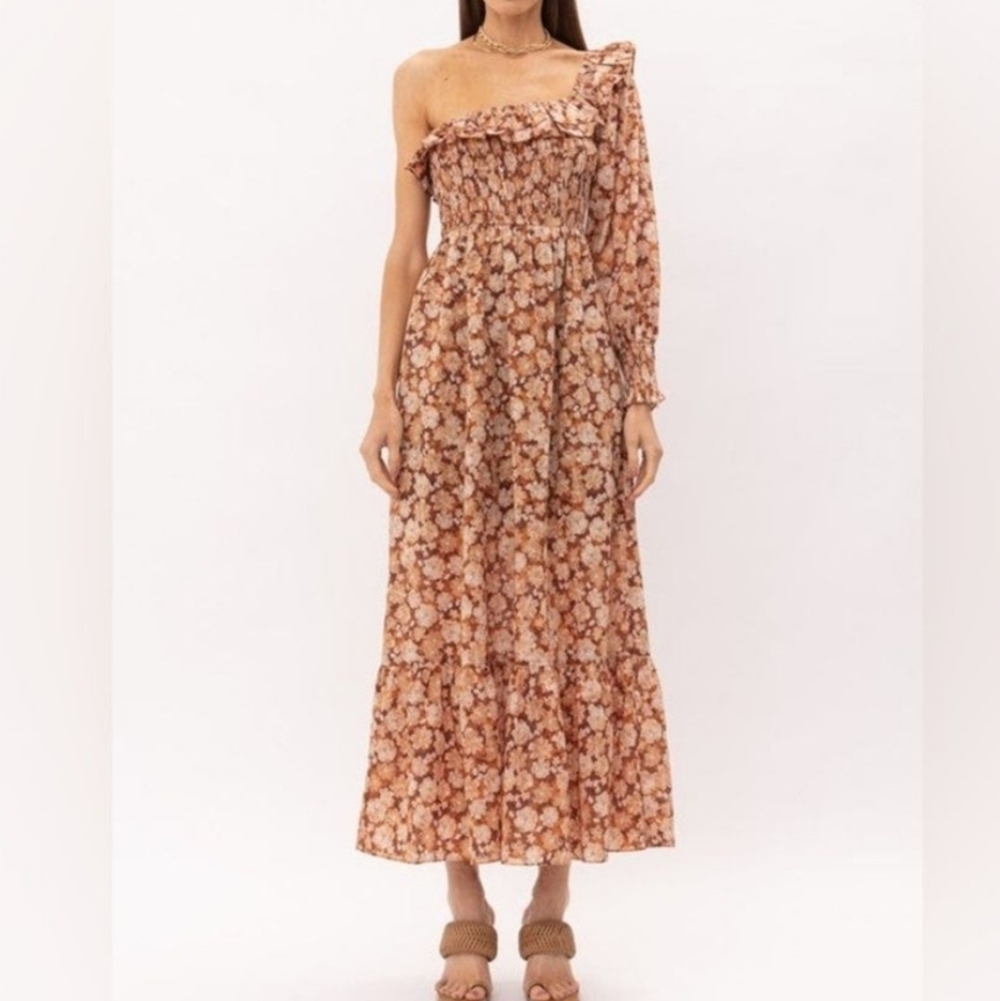 Sofie The Label Brown Floral One Shoulder Ruffle Boho Midi Dress Size Small